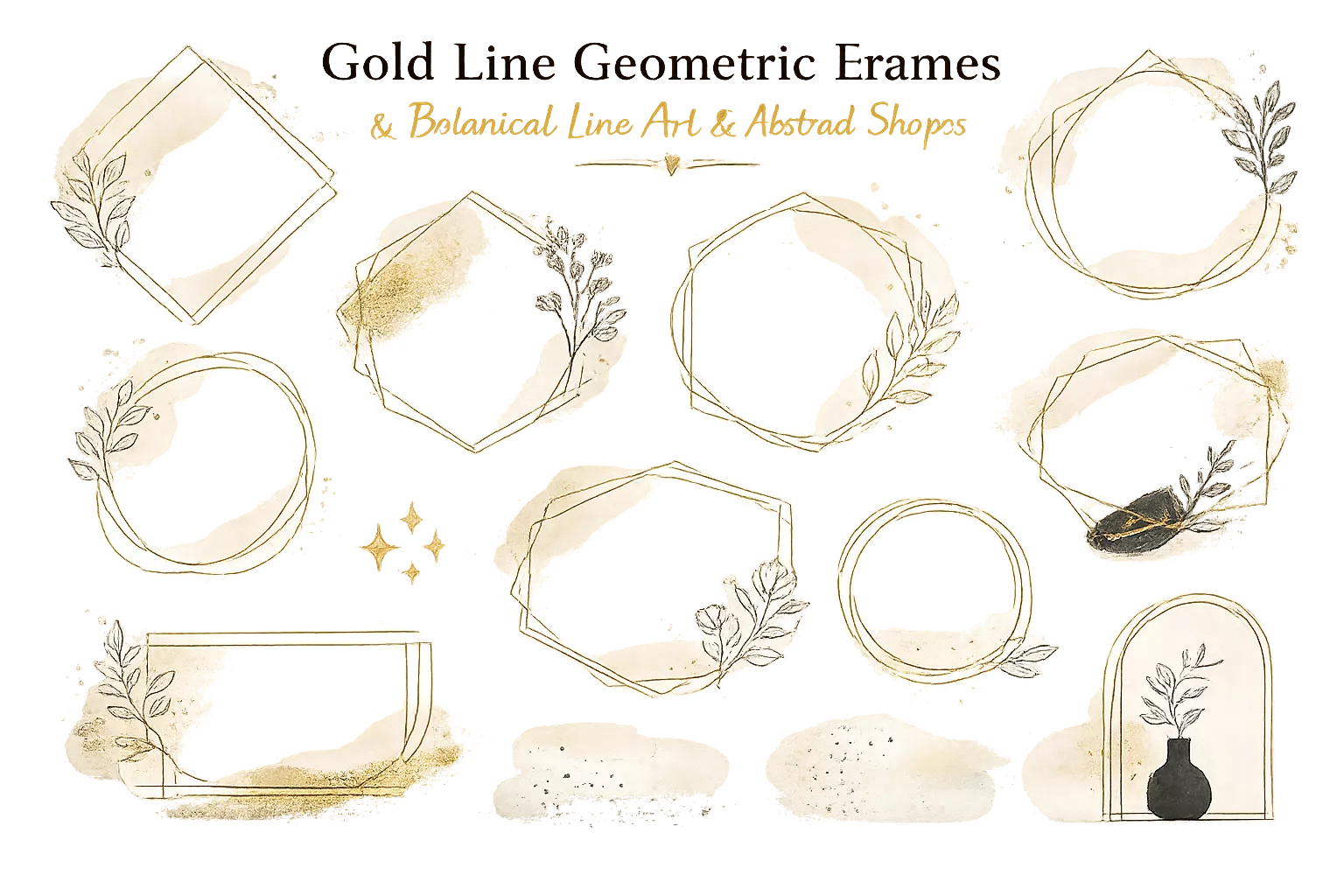 Gold line geometric frames with botanical line art and abstract shapes transparent PNG for wedding cards