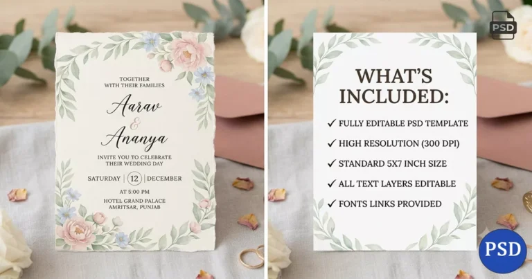 Premium Minimalist Wedding Invitation PSD Template Free Download (Print Ready)