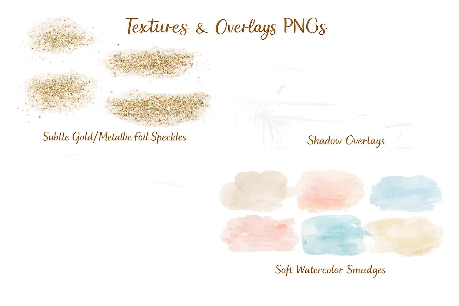 Subtle gold metallic foil sparkles, shadow overlays, and soft watercolor smudges transparent PNG pack
