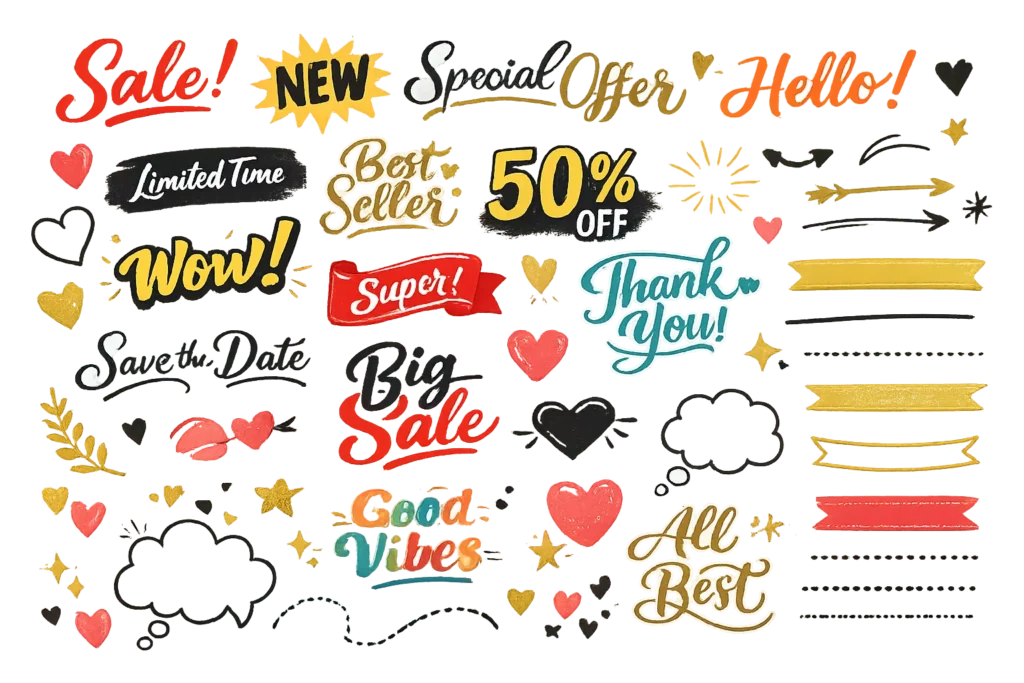 Promotional sale stickers, 50% off badges, and text clipart transparent PNG elements for graphic design